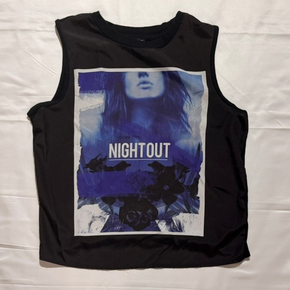 Express Graphic Tank Women XS Black Nightout Blue Streetwear Edgy Grunge